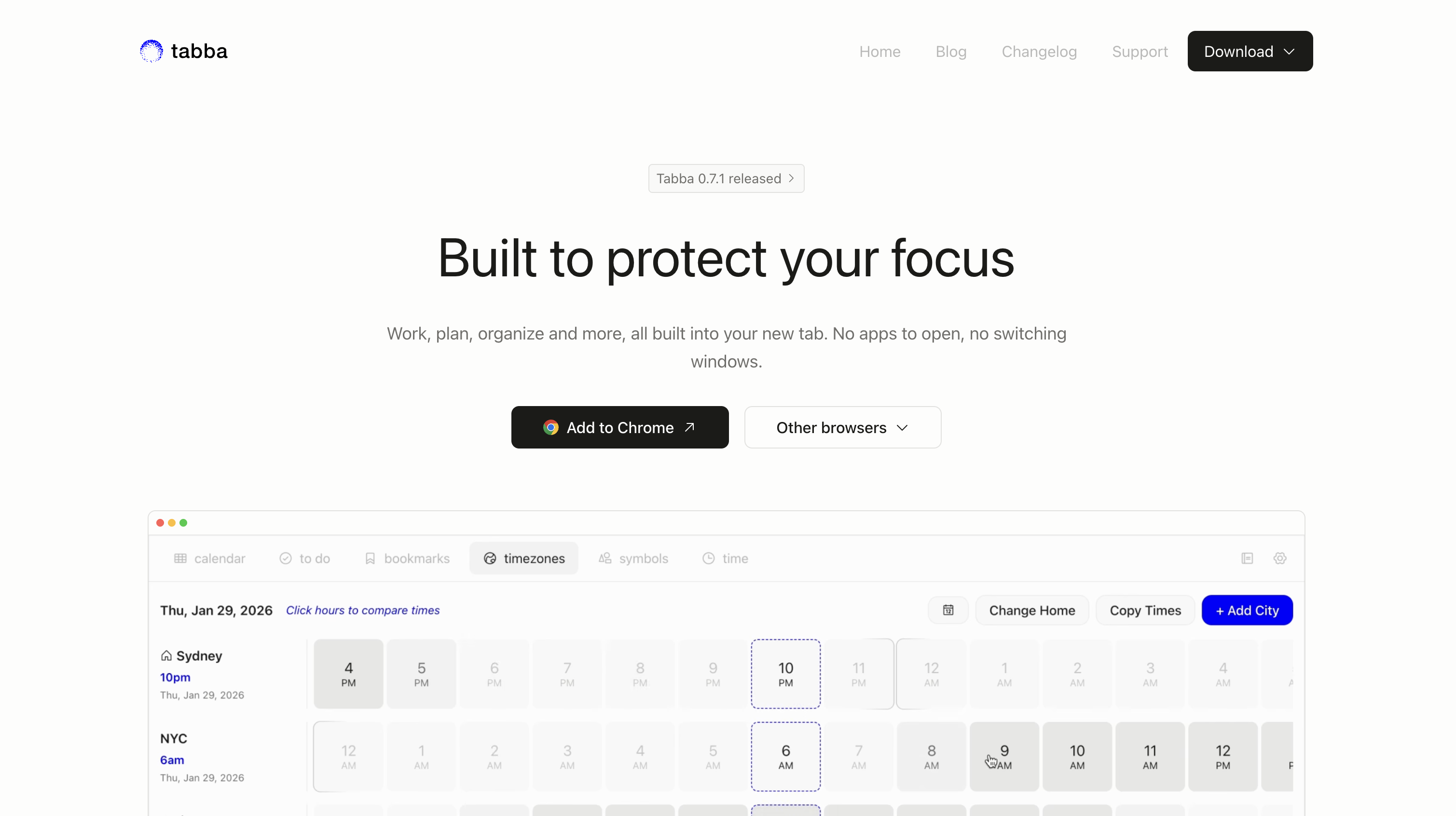 Tabba new tab screen with the calendar grid and tool tabs across the top