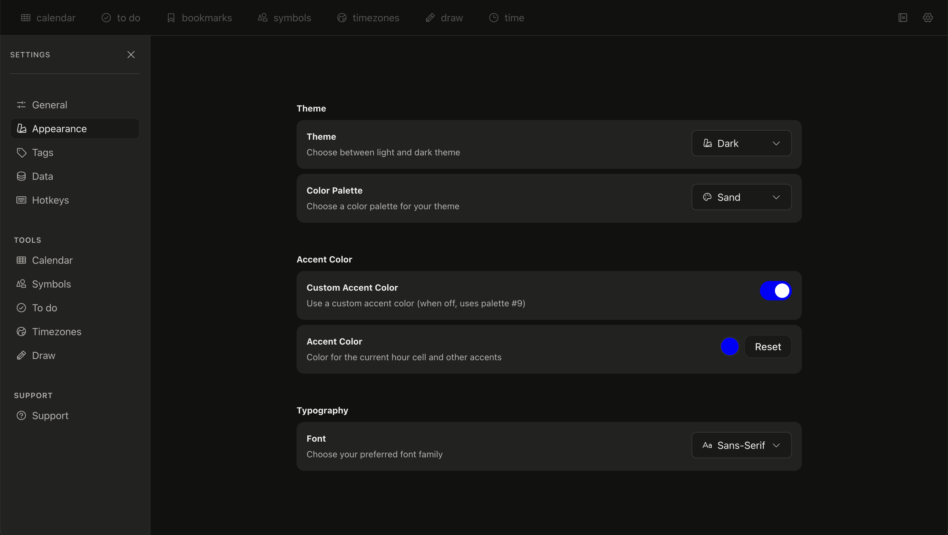 Tabba settings panel with customization and calendar filter options