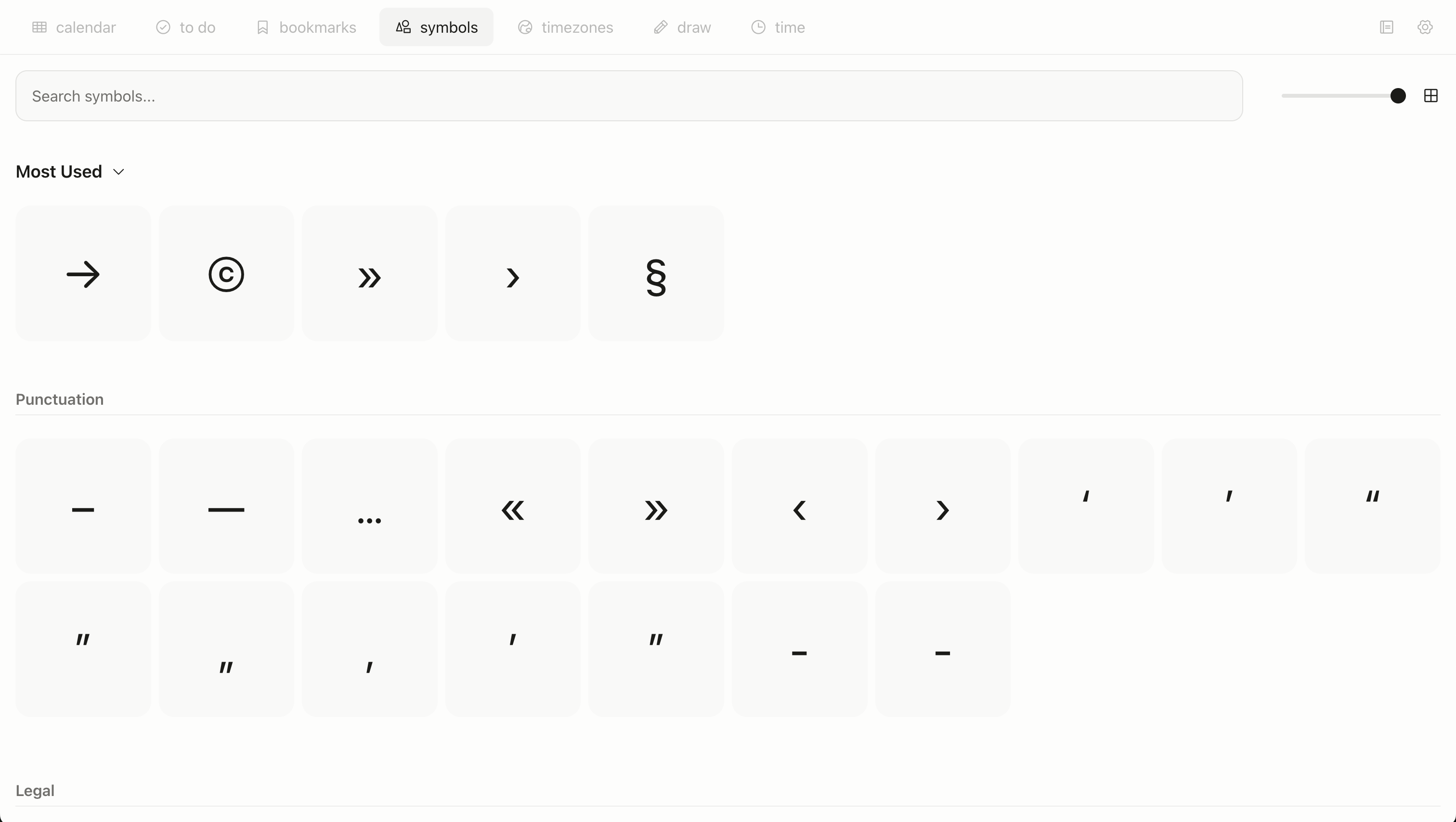 Tabba symbols tool with searchable special characters