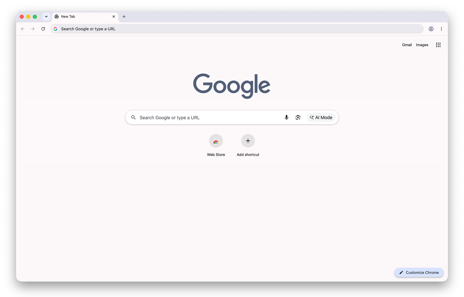 The default Chrome new tab screen with a search bar and bookmarks