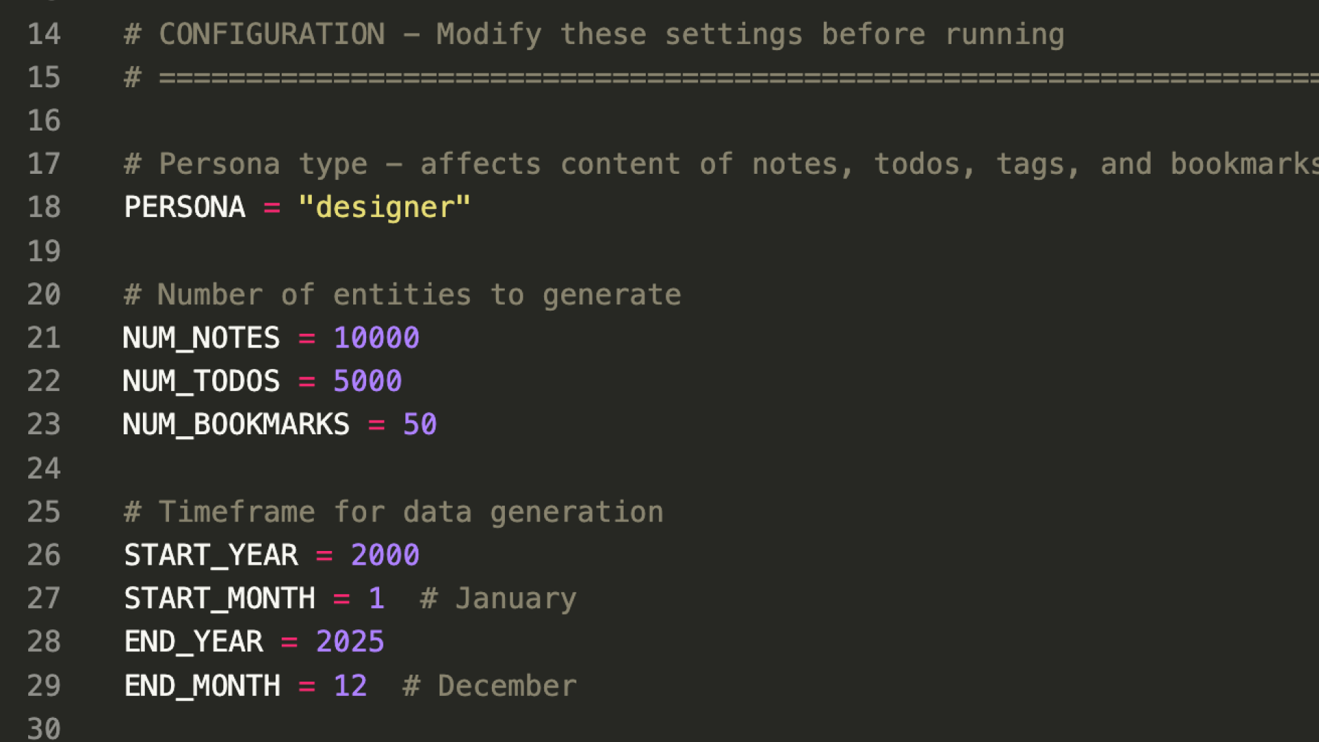 Python script output generating a large Tabba test dataset for performance testing