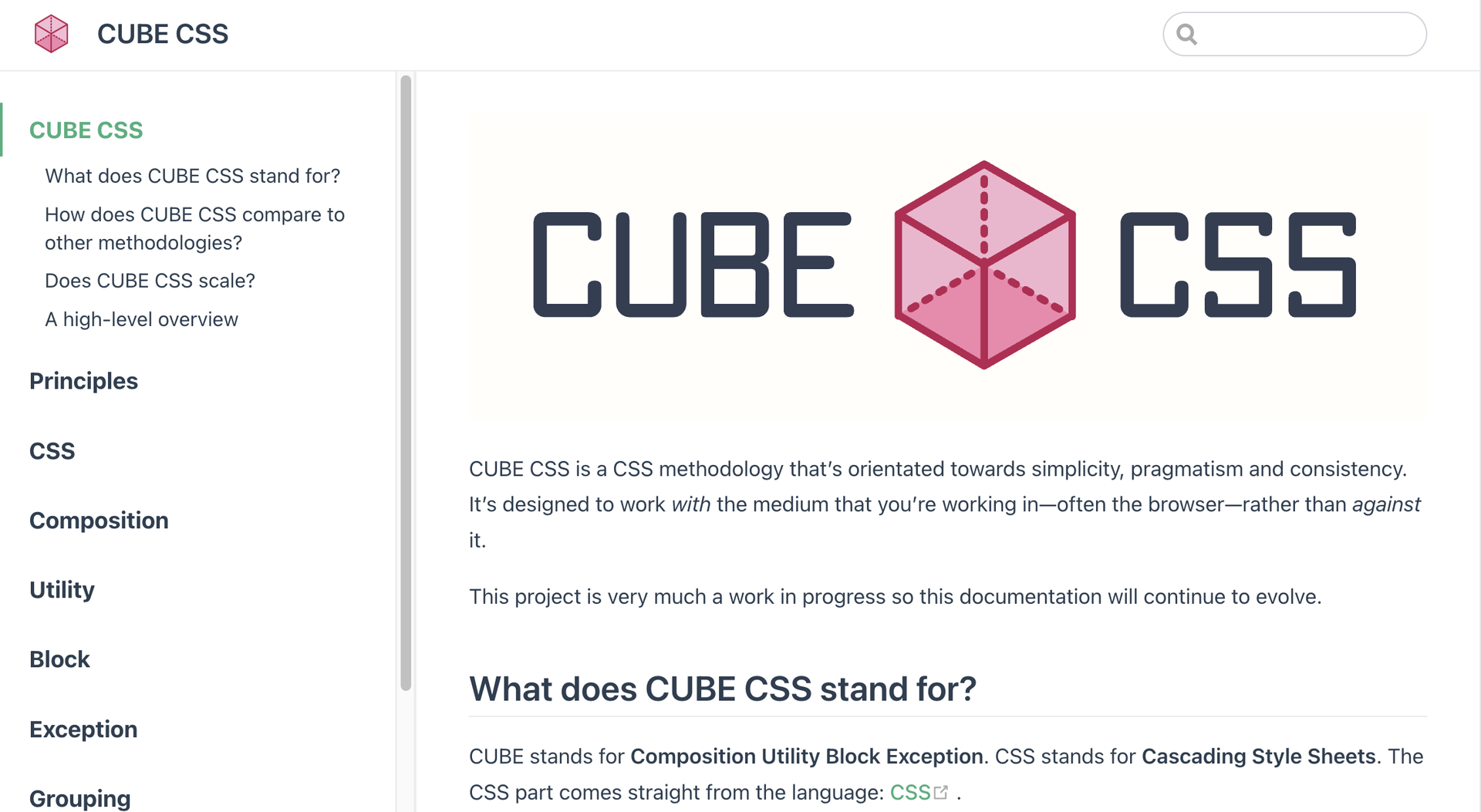 A screenshot of the CUBE CSS website