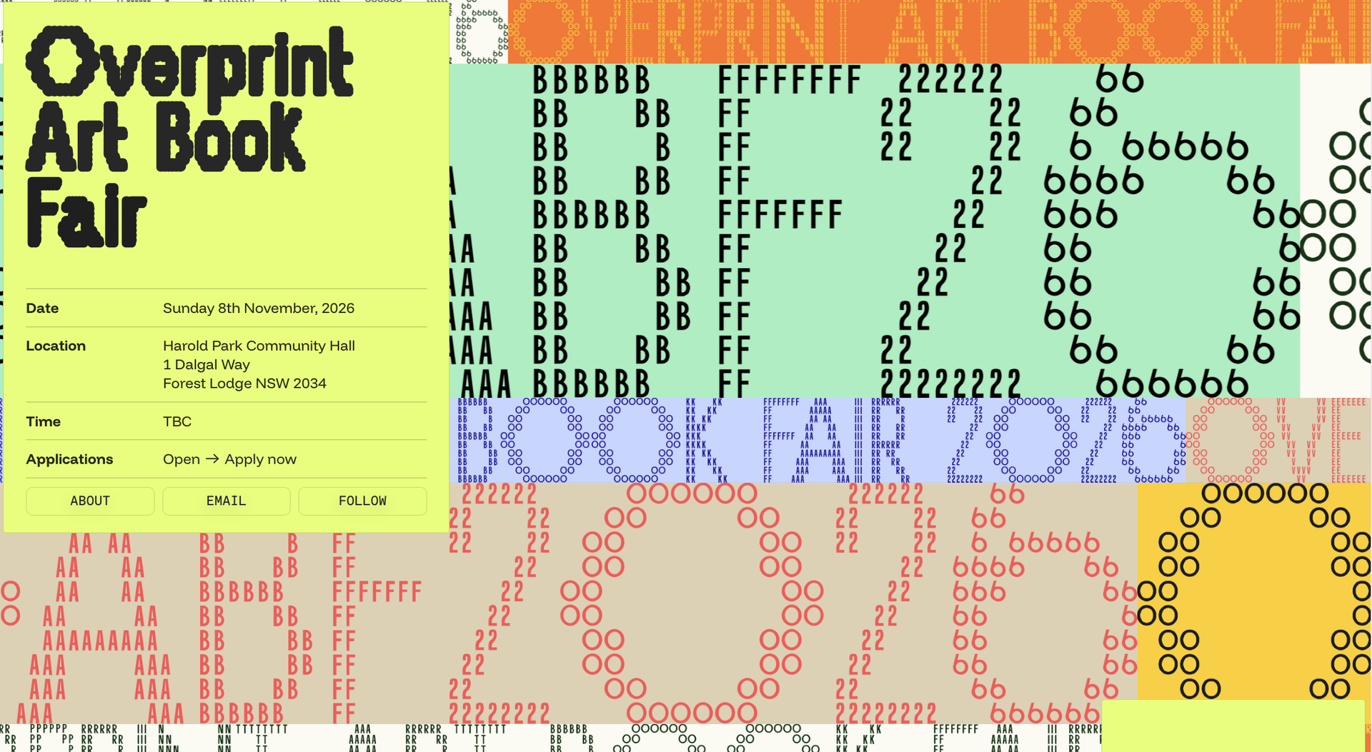 A screenshot of the Overprint Art Book Fair 2026 website