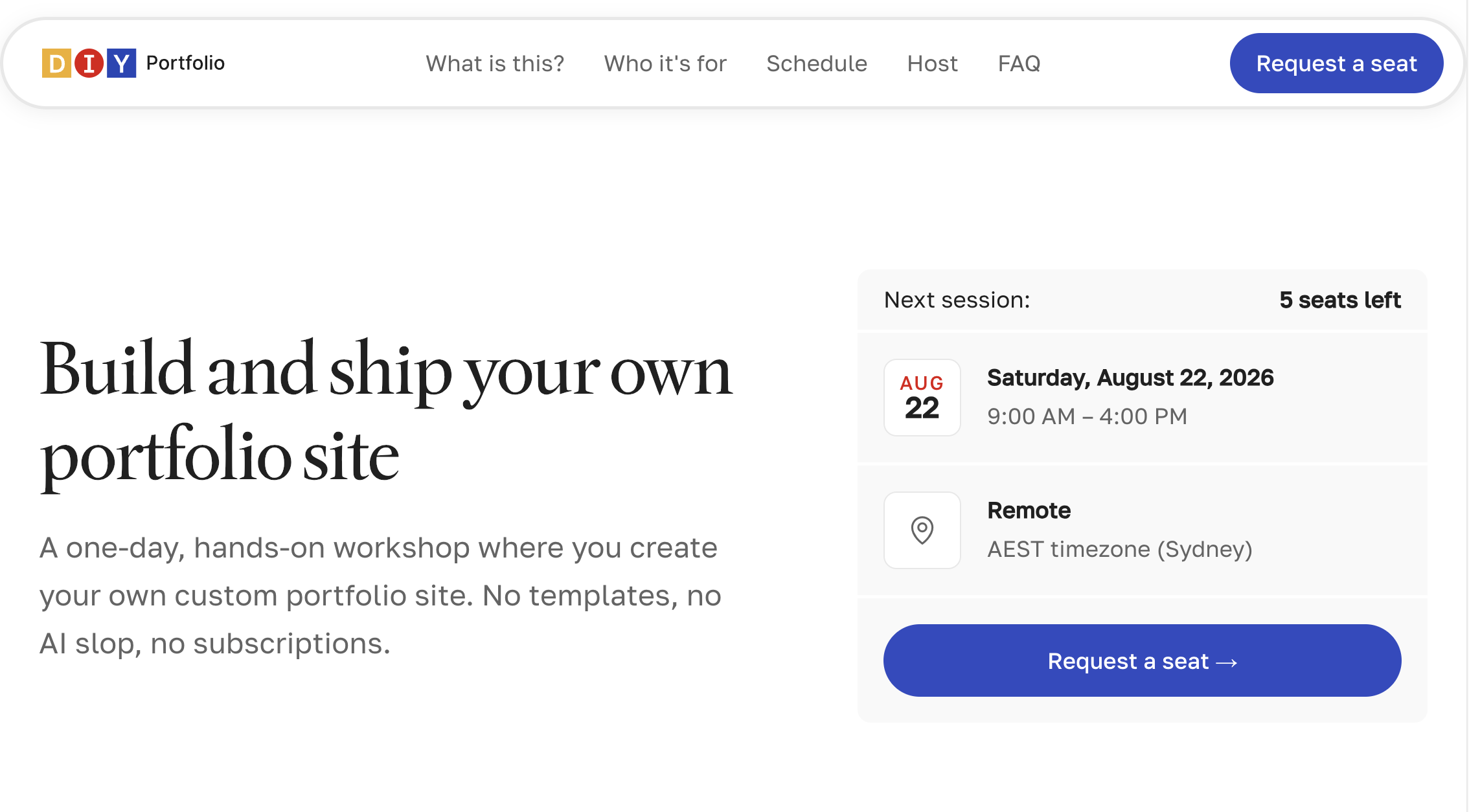 A screenshot of the DIY Portfolio Workshop website